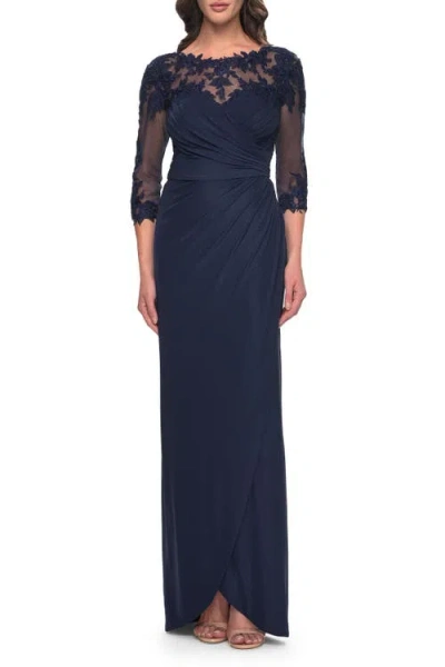 La Femme Long Jersey Evening Dress With Lace Detail Neckline And Sleeves In Navy