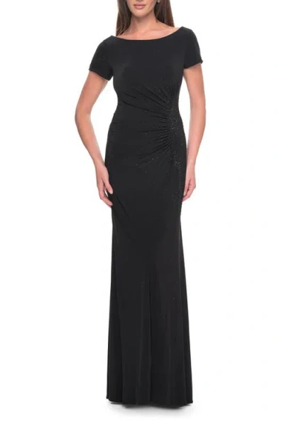 La Femme Long Jersey Evening Dress With Rhinestone Details In Black