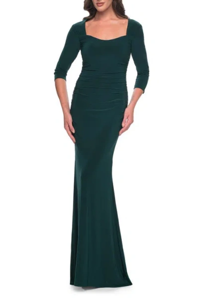 La Femme Long Jersey Evening Dress With Square Neckline And Sleeves In Hunter Green