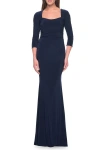 La Femme Long Jersey Evening Dress With Square Neckline And Sleeves In Navy