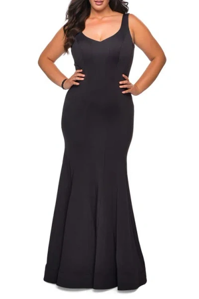 La Femme Long Jersey Plus Size Mermaid Dress In Black