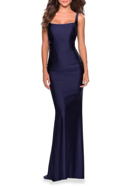 La Femme Long Jersey Prom Dress With Full V-shaped Back In Navy