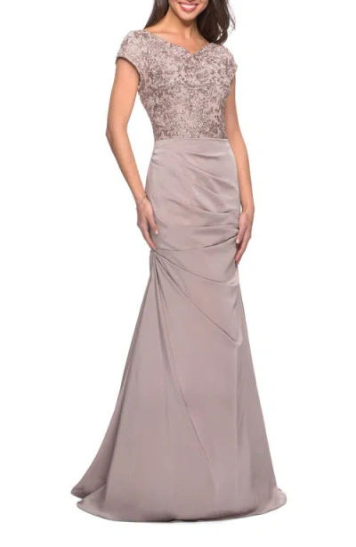 La Femme Long Jersey Ruched Dress With Embellished Top