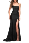 La Femme Long Jersey Ruched Gown With Dramatic Skirt In Black