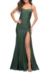 La Femme Long Jersey Ruched Gown With Dramatic Skirt In Dark Emerald