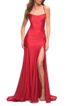 La Femme Long Jersey Ruched Gown With Dramatic Skirt In Red