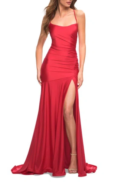 La Femme Long Jersey Ruched Gown With Dramatic Skirt In Red