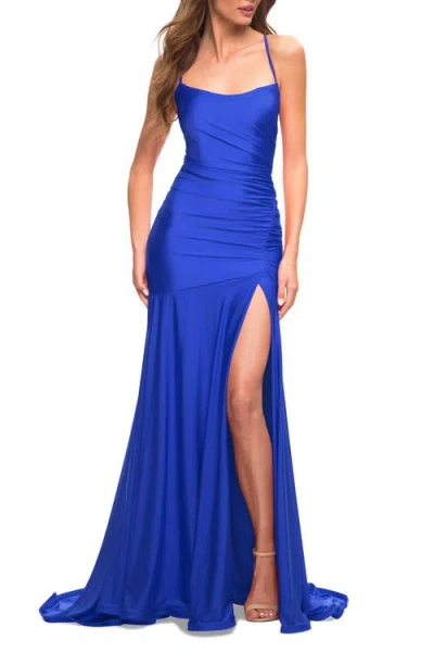 La Femme Long Jersey Ruched Gown With Dramatic Skirt In Royal Blue