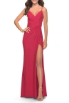La Femme Long Jersey Versatile Dress With Ruched Zipper In Red