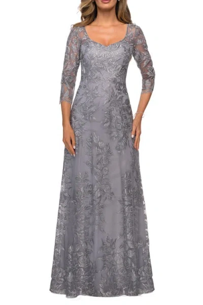 La Femme Long Lace A-line Three Quarter Sleeve Gown In Gray