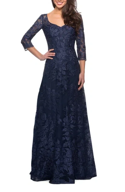 La Femme Long Lace A-line Three Quarter Sleeve Gown In Navy