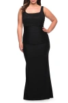 La Femme Long Lace And Jersey Gown With Rhinestones