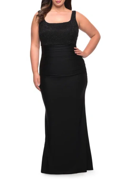 La Femme Long Lace And Jersey Gown With Rhinestones