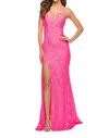 La Femme Gorgeous Neon Pink Tulle And Lace Mermaid Gown In Pink
