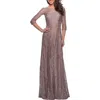 La Femme Long Lace Dress With Empire Waist And 3/4 Sleeves In Cocoa