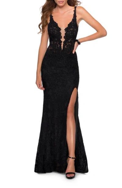La Femme Long Lace Dress With Plunging Neckline
