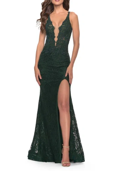 La Femme Long Lace Dress With Plunging Neckline