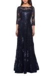 La Femme Long Lace Dress With Sequins And Sheer 3/4 Sleeves In Navy