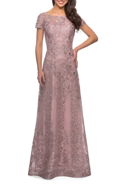 La Femme Long Lace Dress With Sheer Neckline And Cap Sleeves In Mauve