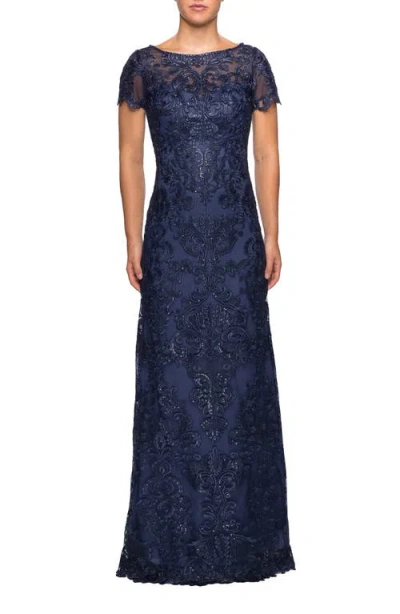 La Femme Long Lace Dress Withy Rhinestones And Short Sleeves In Navy