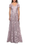 La Femme Long Lace Evening Dress With Cap Sleeves In Antique Blush