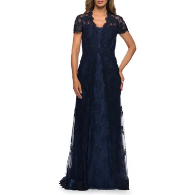 La Femme Long Lace Evening Dress With Scallop Detailing And Rhinestones In Blue