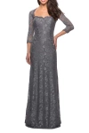 La Femme Long Lace Gown With Sweetheart Neckline In Platinum
