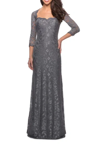 La Femme Long Lace Gown With Sweetheart Neckline In Platinum