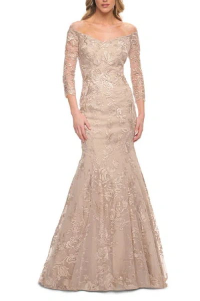 La Femme Long Lace Mermaid Gown With Off The Shoulder Top In Champagne