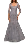La Femme Long Lace Mermaid Gown With Square Neckline In Silver