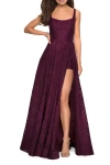 La Femme Long Lace Prom Dress With Attached Shorts In Dark Berry