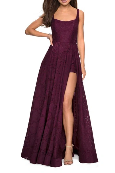 La Femme Long Lace Prom Dress With Attached Shorts In Dark Berry