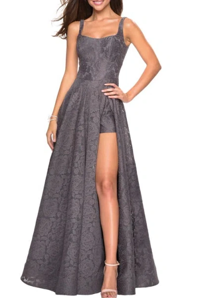 La Femme Long Lace Prom Dress With Attached Shorts In Gunmetal