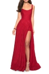 La Femme Long Lace Prom Dress With Attached Shorts In Red