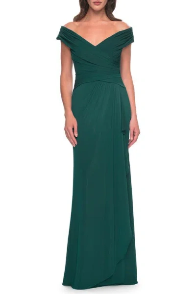 La Femme Long Luxurious Jersey Off The Shoulder Evening Gown In Dark Emerald