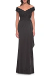 La Femme Long Luxurious Jersey Off The Shoulder Evening Gown In Gunmetal
