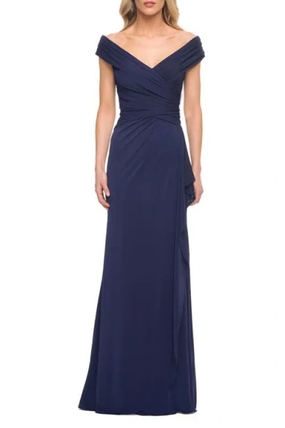 La Femme Long Luxurious Jersey Off The Shoulder Evening Gown In Navy