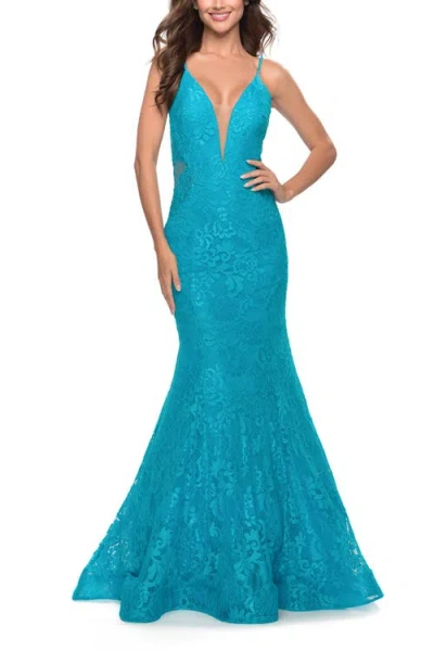 La Femme Long Mermaid Lace Dress With Back Rhinestone Detail In Aqua