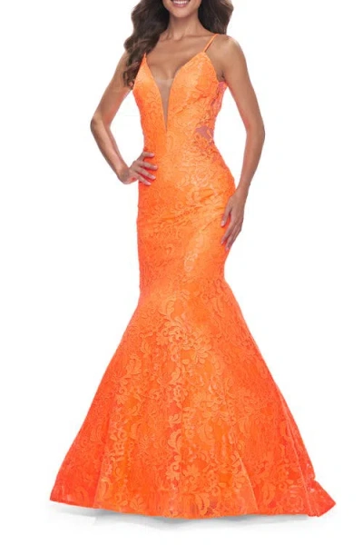 La Femme Long Mermaid Lace Dress With Back Rhinestone Detail In Bright Orange