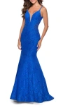La Femme Long Mermaid Lace Dress With Back Rhinestone Detail In Electric Blue