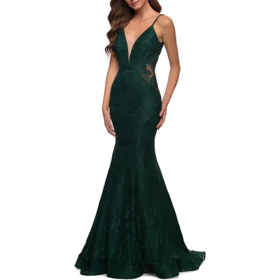 La Femme Long Mermaid Lace Dress With Back Rhinestone Detail In Emerald