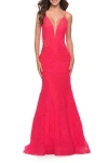 La Femme Long Mermaid Lace Dress With Back Rhinestone Detail In Hot Coral