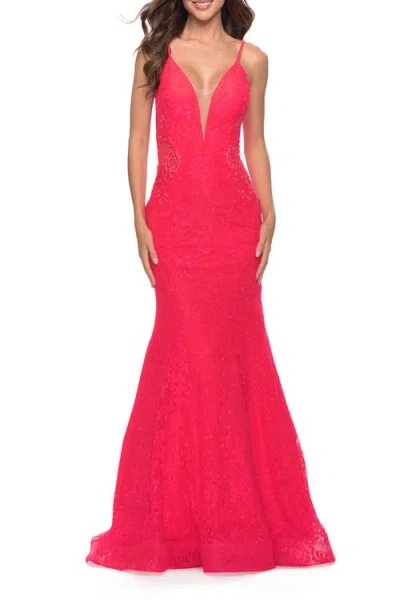 La Femme Long Mermaid Lace Dress With Back Rhinestone Detail In Hot Coral