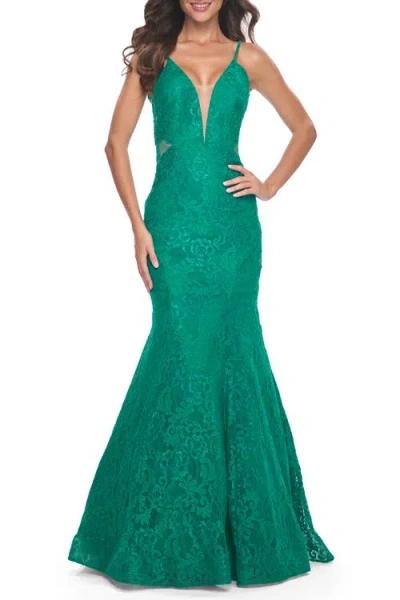 La Femme Long Mermaid Lace Dress With Back Rhinestone Detail In Jade