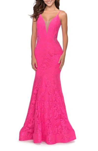 La Femme Long Mermaid Lace Dress With Back Rhinestone Detail In Neon Pink