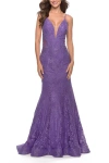 La Femme Long Mermaid Lace Dress With Back Rhinestone Detail In Purple