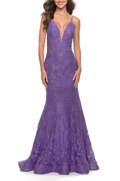 La Femme Long Mermaid Lace Dress With Back Rhinestone Detail In Purple