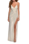 La Femme Cross Back Satin Jersey Trumpet Gown In White/gold