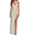 La Femme Long Metallic Prom Dress In White/gold In Neutral