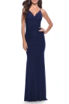 La Femme Long Net Jersey Dress With Illusion Waist